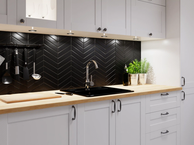 Ceramic mosaic on mesh for bathroom or kitchen 31.6 cm x 21.5 cm - Giant Black Chevron