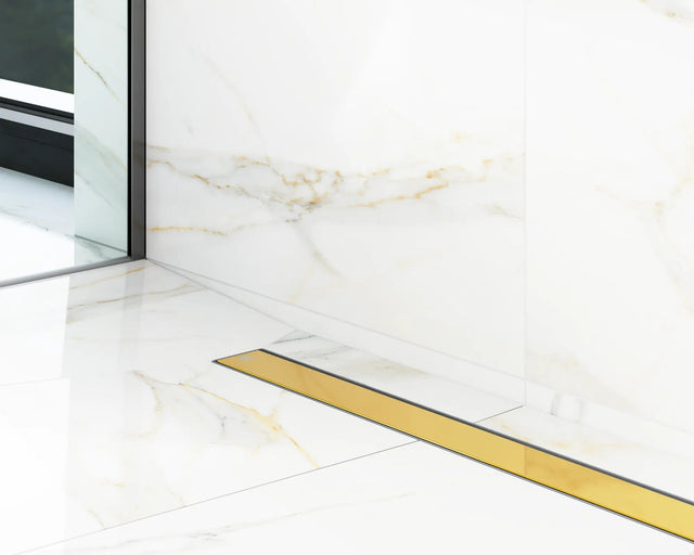 Canalina di scarico lineare per doccia a pavimento in acciaio, 60 cm x 6,5 cm, 61 l/min - oro lucido/satinato