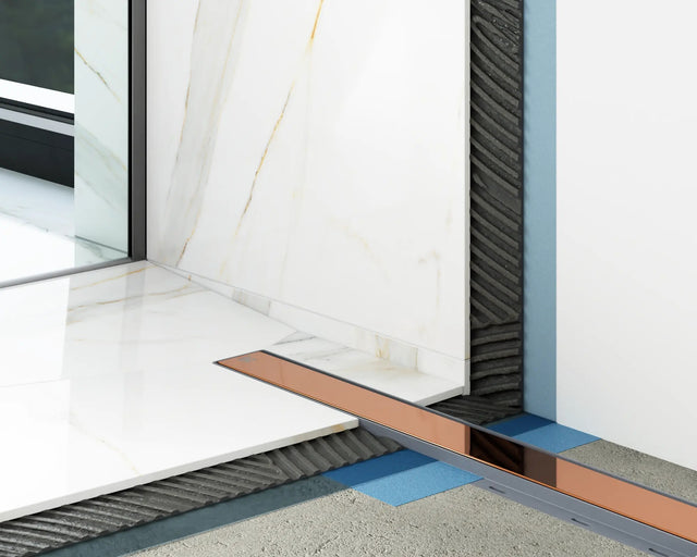 Canalina di scarico lineare per doccia a pavimento in acciaio, 60 cm x 6,5 cm, 61 l/min - rame lucido/satinato