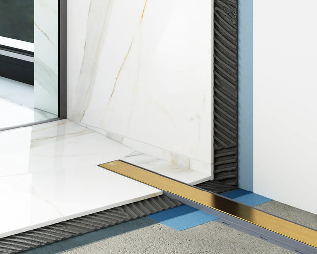 Canalina di scarico lineare per doccia a pavimento in acciaio, 40 cm x 6,5 cm, 61 l/min - oro satinato/lucido