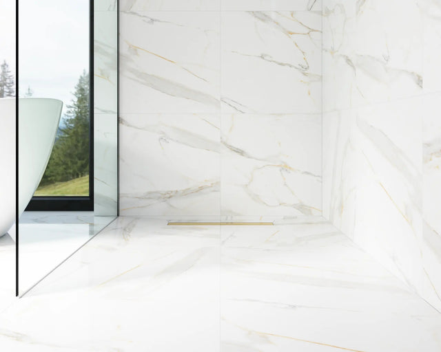 Canalina di scarico lineare per doccia a pavimento in acciaio, 60 cm x 6,5 cm, 61 l/min - oro lucido/satinato