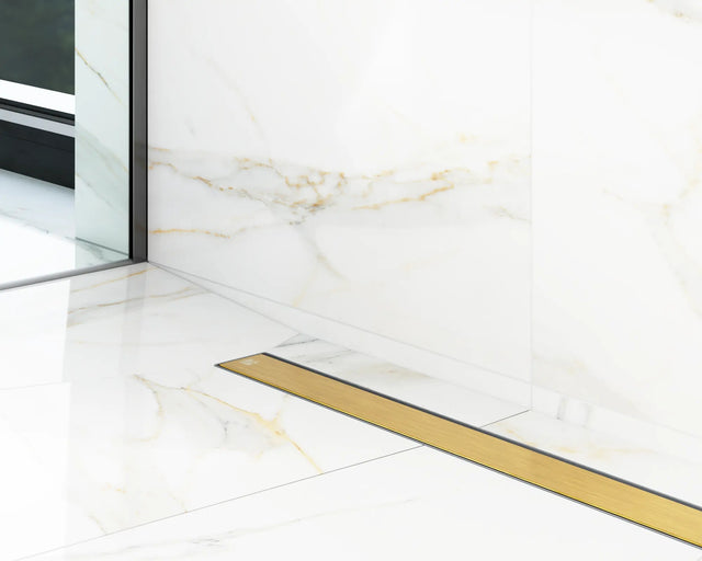 Canalina di scarico lineare per doccia a pavimento in acciaio, 60 cm x 6,5 cm, 61 l/min - oro lucido/satinato