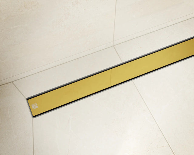 Canalina di scarico lineare per doccia a pavimento in acciaio, 40 cm x 6,5 cm, 61 l/min - oro satinato/lucido