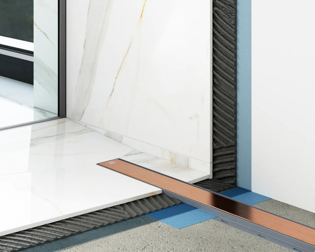 Canalina di scarico lineare per doccia a pavimento in acciaio, 60 cm x 6,5 cm, 61 l/min - rame lucido/satinato