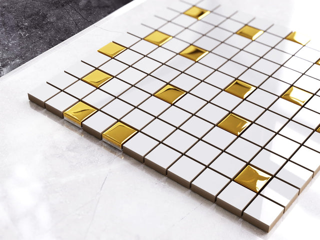 Mosaik aus Keramik mit Glasdetails auf Netz für Bad oder Küche 30 cm x 30 cm - Metallic gold