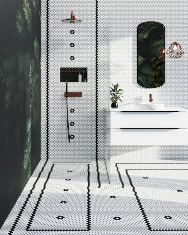 Mosaïque hexagonale en céramique sur filet pour salle de bain et cuisine en céramique 30 cm x 26 cm - Blanc Miel