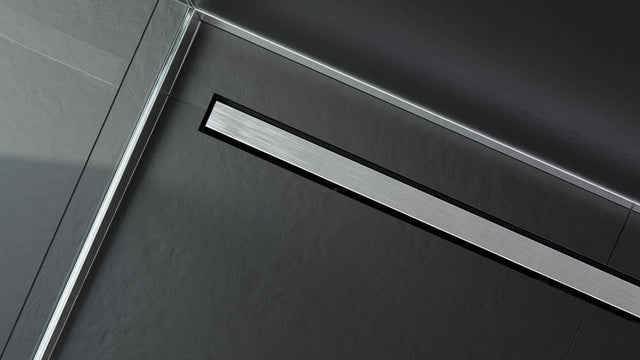 Linear shower drain in satin silver stainless steel