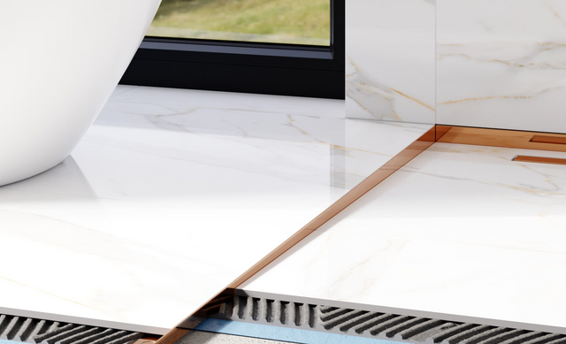 Perfil de ducha LKL para suelo izquierdo en acero inoxidable cobre pulido