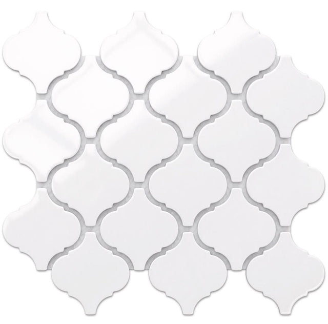 Ceramic mosaic on mesh for bathroom or kitchen 27.5 cm x 24.3 cm - White arabesque