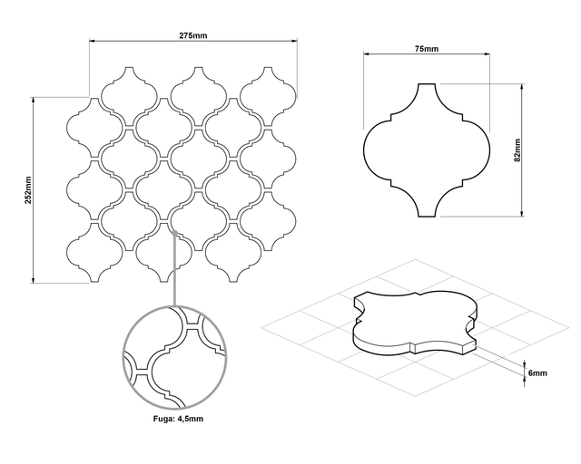 Ceramic mosaic on mesh for bathroom or kitchen 27.5 cm x 24.3 cm - White arabesque