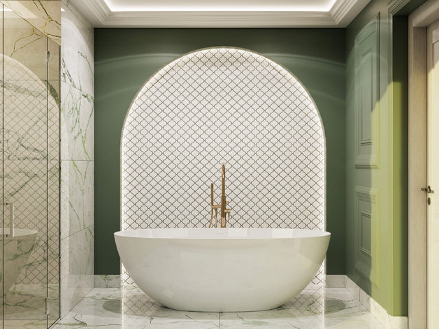 Ceramic mosaic on mesh for bathroom or kitchen 27.5 cm x 24.3 cm - White arabesque