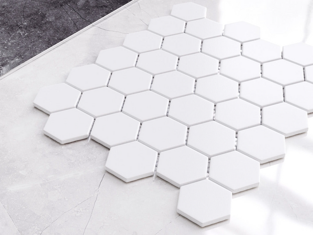 Hexagonal ceramic mosaic on mesh for bathroom or kitchen 32.3 cm x 27.7 cm - White Hexagon