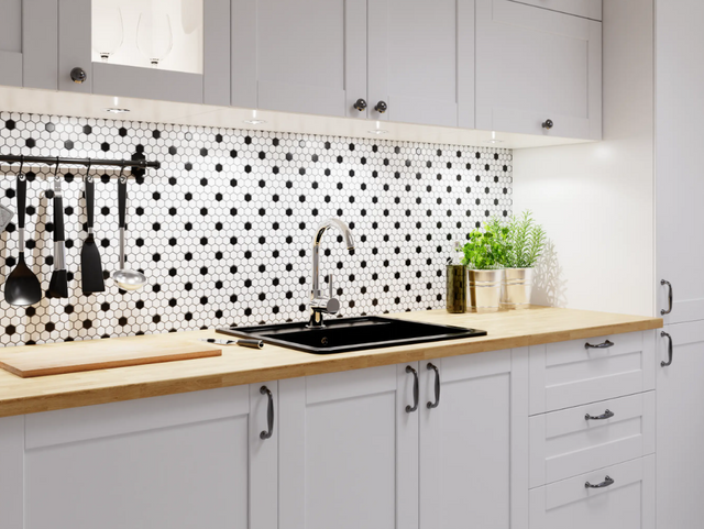 Sechseckige Keramikmosaik auf Netz für Bad und Küche aus Keramik 30 cm x 26 cm - Weißer Honig