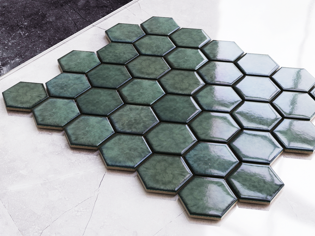 Hexagonal ceramic mosaic on mesh for bathroom or kitchen 32.3 cm x 27.7 cm - Nori hive
