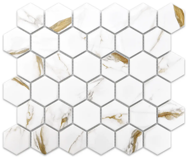 Mosaico in ceramica esagonale su rete per bagno o cucina 32.3 cm x 27.7 cm - Gold Honey