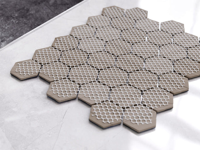 Hexagonal ceramic mosaic on mesh for bathroom or kitchen 31.2 cm x 27 cm - Jungle nature hive
