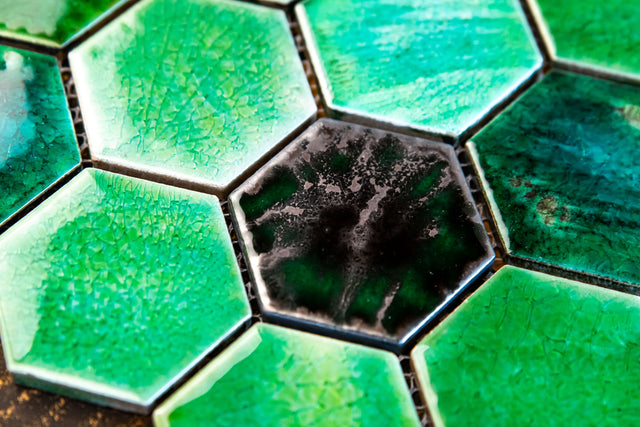 Hexagonal ceramic mosaic on mesh for bathroom or kitchen 31.2 cm x 27 cm - Jungle nature hive