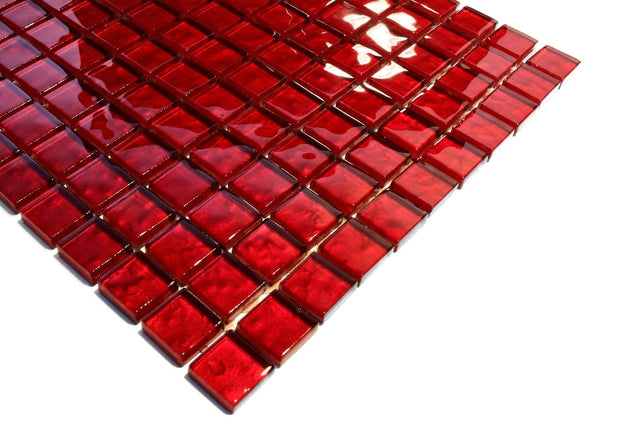 Mosaïque en verre sur filet pour salle de bain ou cuisine 30 x 30 cm - Corail rouge