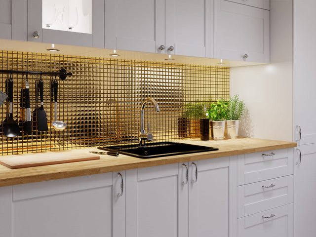 Mosaico de vidrio en malla para baño o cocina 30 cm x 30 cm – Oro puro