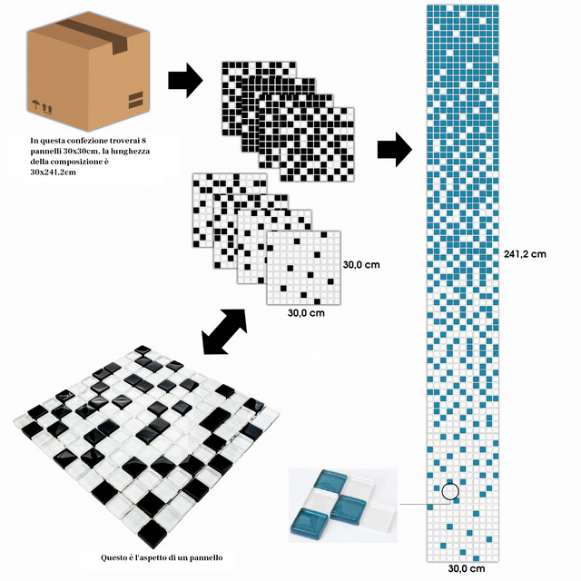 Zusammensetzung aus 8 Mosaikplatten aus Glas für Badezimmer oder Küche für den Innenbereich - Hellblauer Nebel