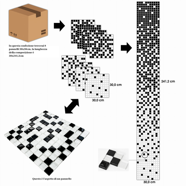 Zusammensetzung von 8 Mosaikplatten aus Glas für Badezimmer oder Küche für den Innenbereich - Black fog