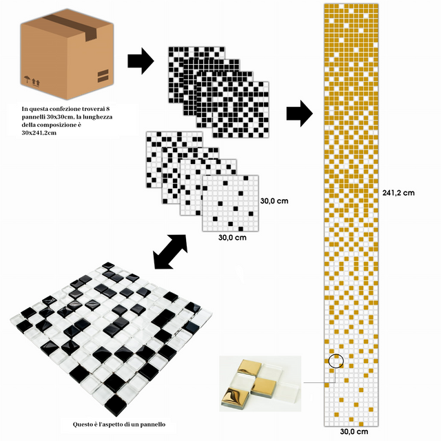 Composizione di 8 piastre mosaico in vetro per bagno o cucina da interno - Gold fog