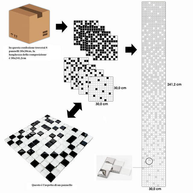 Zusammensetzung aus 8 Mosaikplatten aus Glas für Badezimmer oder Küche für den Innenbereich - Silberne Nebel