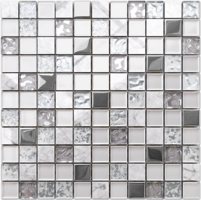 Glass mosaic with natural stone inserts on mesh for bathroom or kitchen 30cm x 30cm - Mixture