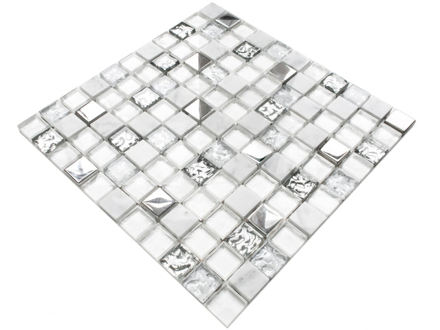 Glass mosaic with natural stone inserts on mesh for bathroom or kitchen 30cm x 30cm - Mixture