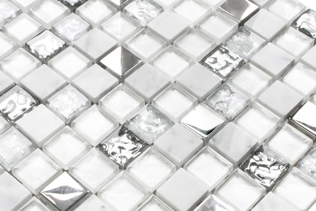Glass mosaic with natural stone inserts on mesh for bathroom or kitchen 30cm x 30cm - Mixture