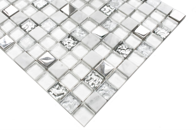 Glass mosaic with natural stone inserts on mesh for bathroom or kitchen 30cm x 30cm - Mixture