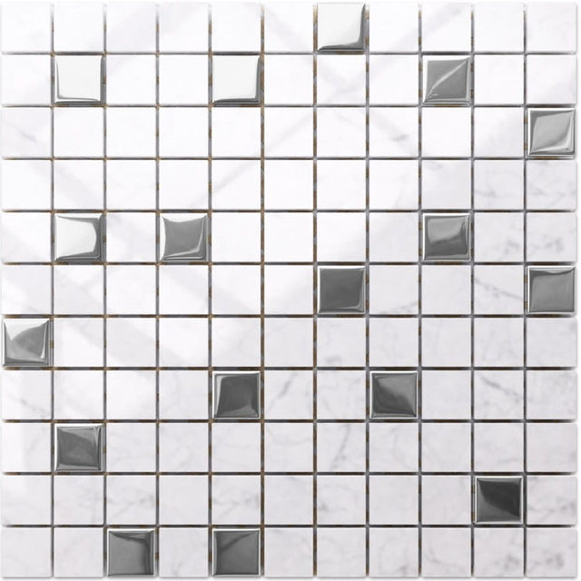 Mosaico in pietra naturale con inserti di vetro, su rete per bagno o cucina 30 cm x 30 cm - Silver Marble