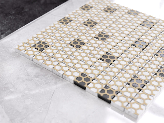 Mosaico de piedra natural con insertos de vidrio, en malla para baño o cocina 30 cm x 30 cm - Mármol Negro