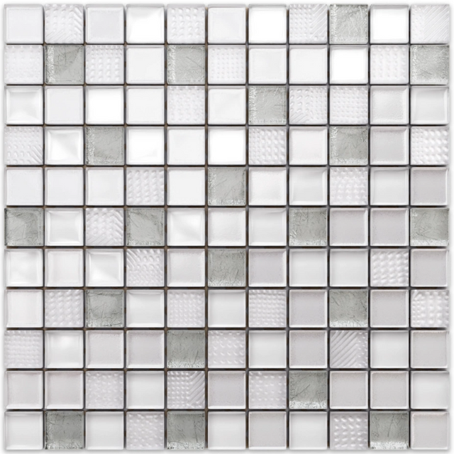 Glass mosaic on mesh for bathroom or kitchen 30 cm x 30 cm - Crushed white silver