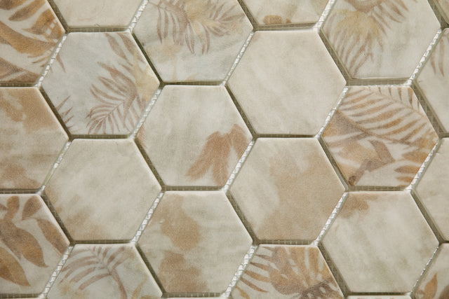 Mosaïque en verre pressé sur filet pour salle de bain et cuisine 43,5 cm x 32 cm - Botanic beige jardin Mat