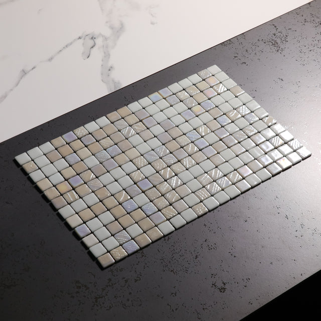 Pressed glass mosaic on mesh for bathroom and kitchen 32.5 cm x 51.5 cm - Alves blend white pool