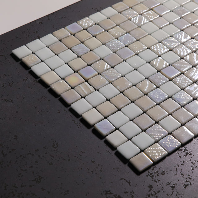 Pressed glass mosaic on mesh for bathroom and kitchen 32.5 cm x 51.5 cm - Alves blend white pool