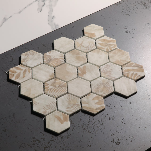 Mosaico de vidrio prensado en red para baño y cocina 43.5 cm x 34.5 cm - Botanic beige garden Mate