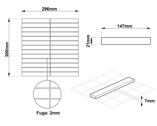 Mosaik auf Netz aus Keramik für Bad oder Küche 29,5 cm x 30 cm - Grau matt