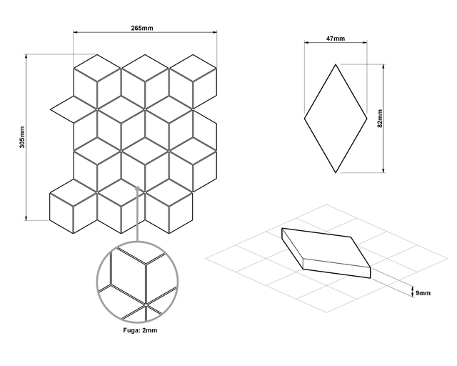Mosaic in porcelain stoneware on mesh for bathroom or kitchen 30.5 cm x 26.5 cm - Gray big rhombus honed