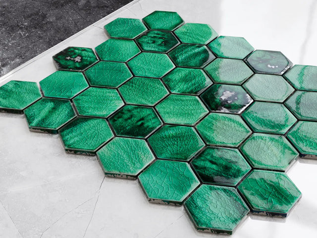 Hexagonal ceramic mosaic on mesh for bathroom or kitchen 31.2 cm x 27 cm - Jungle nature hive