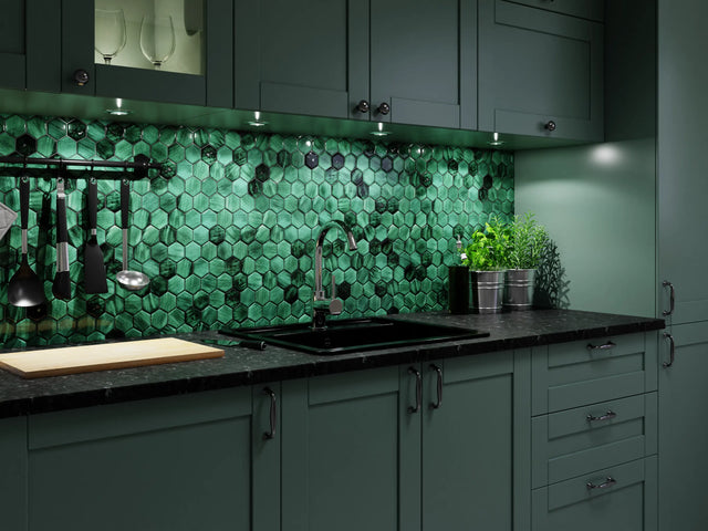 Hexagonal ceramic mosaic on mesh for bathroom or kitchen 31.2 cm x 27 cm - Jungle nature hive