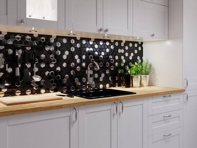 Mosaico in vetro esagonale su rete per bagno o cucina 25.5 cm x 24.7 cm - Silver lava