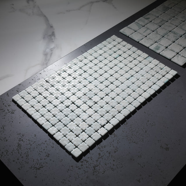 Pressed glass mosaic on mesh for bathroom and kitchen 32.5 cm x 51.5 cm - Alves blend white pool