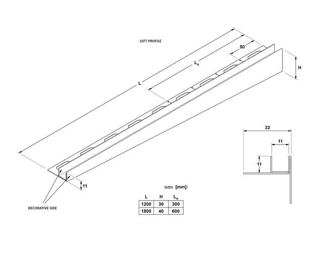 LPSL glass profile for shower and floor left side satin copper