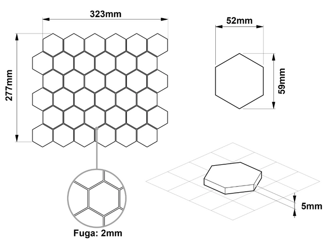 Hexagonal ceramic mosaic on mesh for bathroom or kitchen 32.3 cm x 27.7 cm - White Hexagon