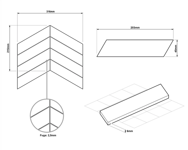 Ceramic mosaic on mesh for bathroom or kitchen 31.6 cm x 21.5 cm - Giant White Chevron