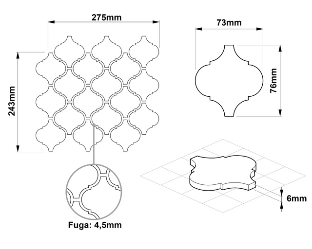 Mosaico de cerámica en malla para baño o cocina 27.5 cm x 24.3 cm - Grey arabesque