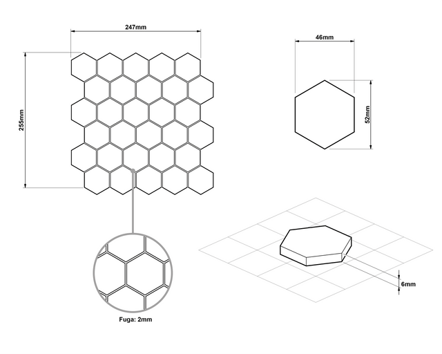 Mosaico in vetro esagonale su rete per bagno o cucina 25.5 cm x 24.7 cm - Silver lava