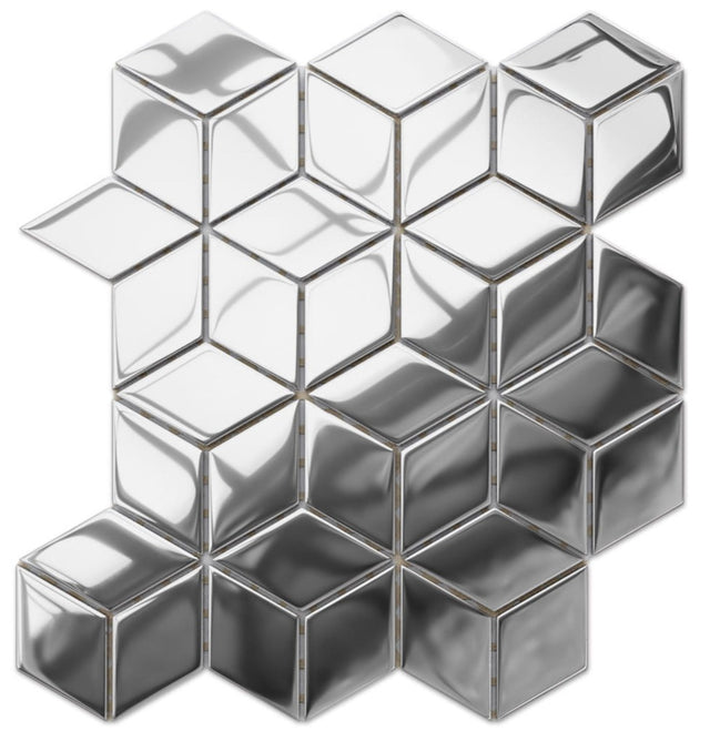 Glass mosaic on mesh for bathroom or kitchen 30.5 cm x 26.5 cm - Silver geometric cubes